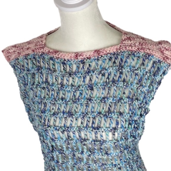 Hand Knit Bohemian Crochet Dress Cover Up Blue Pink Size Small Medium - Picture 5 of 8